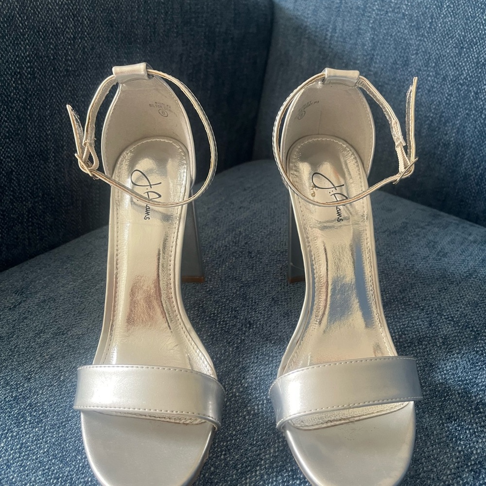 Adams Silver Heels Sleek Ankle Strap Medium Heel
